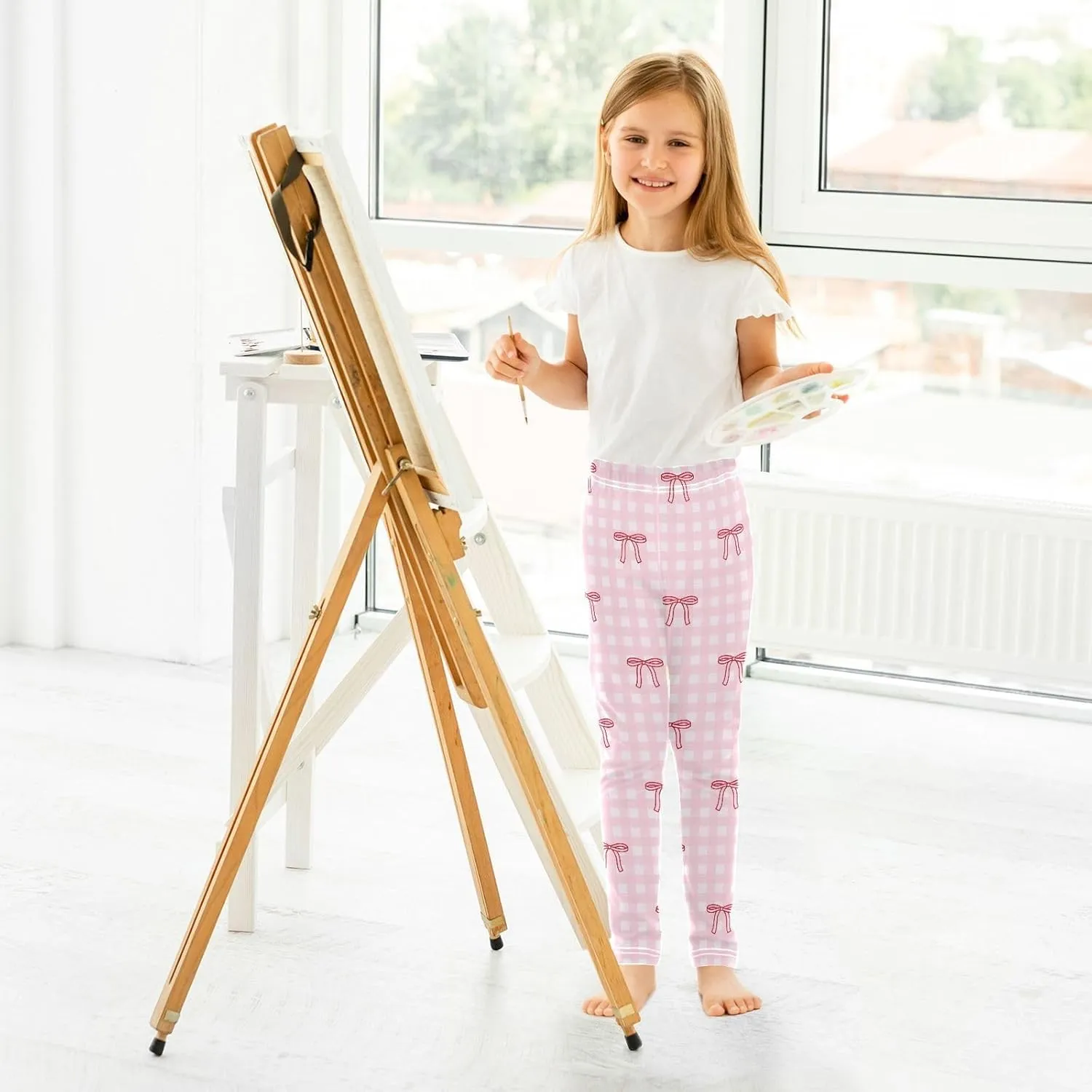 Girls Leggings Bow Pink Checkered Soft Toddler Leggings for Girls Kids Pants Size 4T-10T