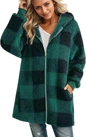 GOFULY Womens Winter Jackets Casual Plush Zip Up Hoodie Sherpa Cardigans Plaid 2024 Fall Coatigan With Pockets Clothes Baggy