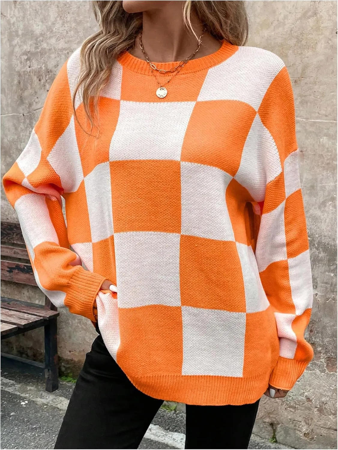 GORGLITTER Women's Argyle Checkered Sweater Plaid Long Sleeve Fall Knit Sweater Pullover Tops
