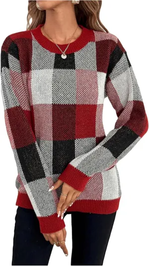 GORGLITTER Women's Argyle Checkered Sweater Plaid Long Sleeve Fall Knit Sweater Pullover Tops