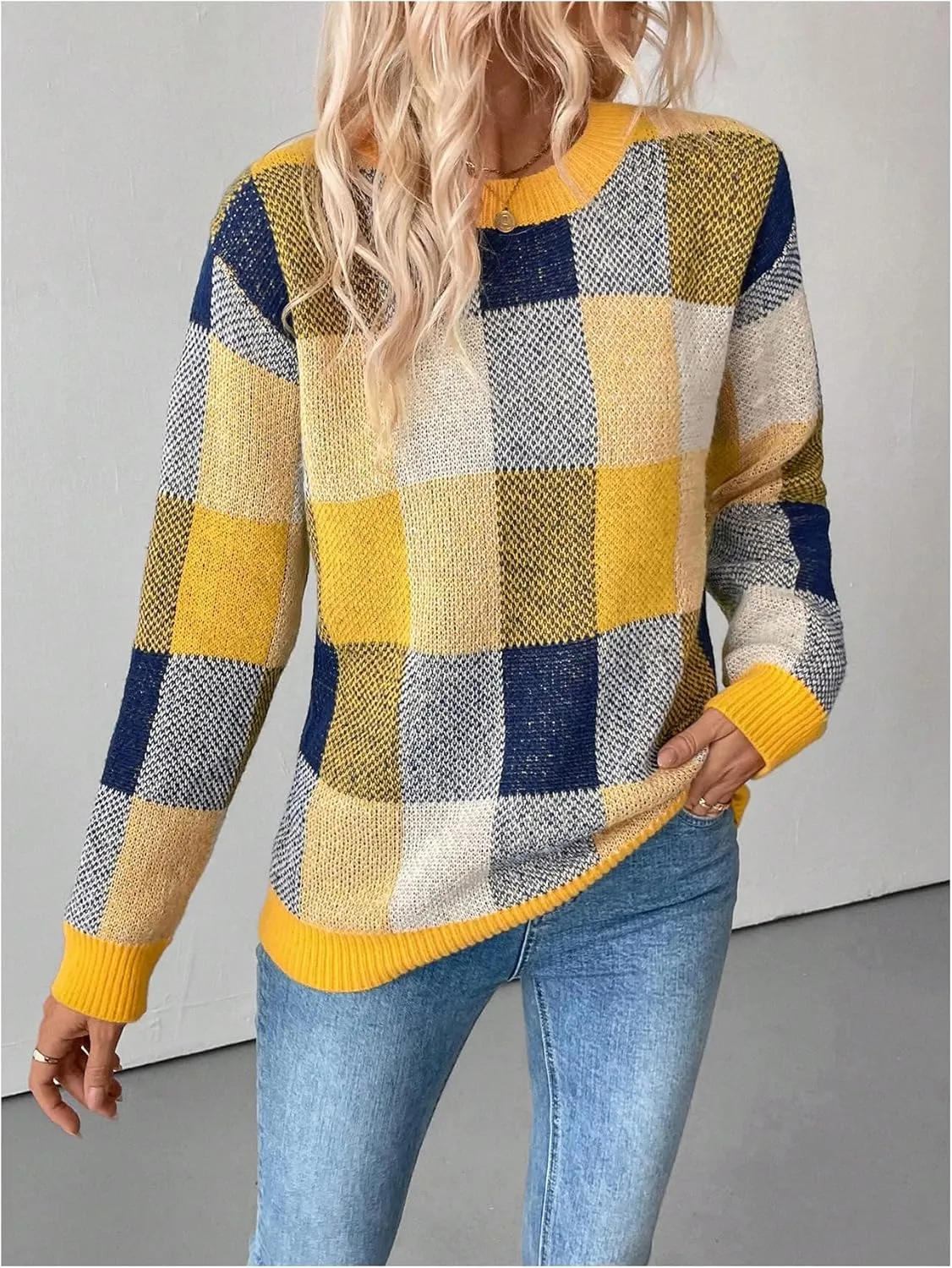 GORGLITTER Women's Argyle Checkered Sweater Plaid Long Sleeve Fall Knit Sweater Pullover Tops