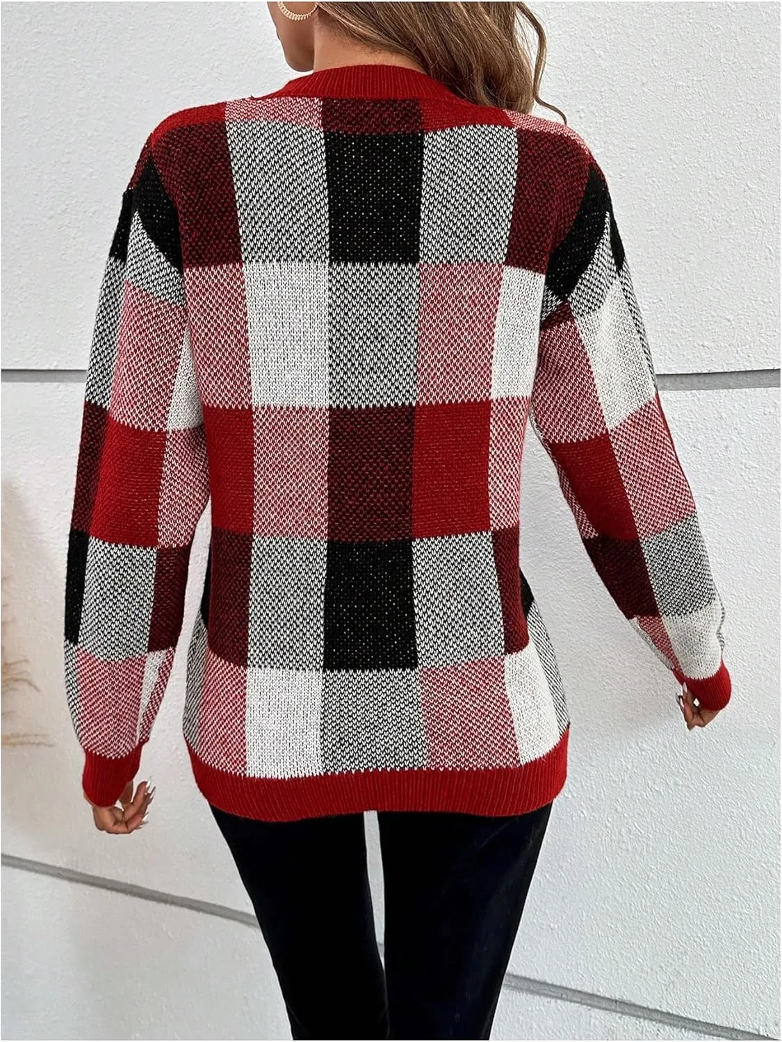 GORGLITTER Women's Argyle Checkered Sweater Plaid Long Sleeve Fall Knit Sweater Pullover Tops