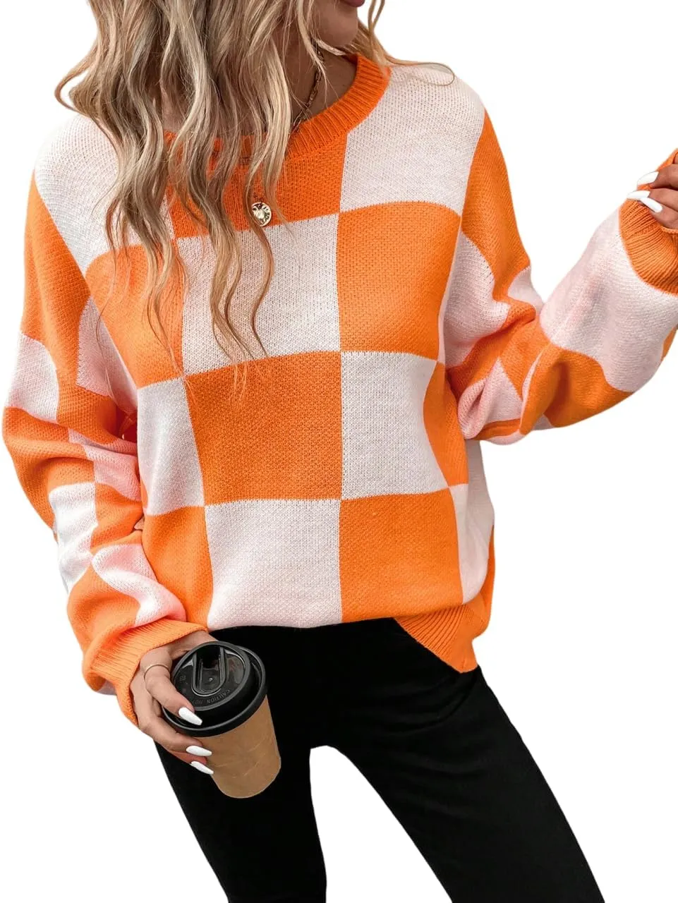GORGLITTER Women's Argyle Checkered Sweater Plaid Long Sleeve Fall Knit Sweater Pullover Tops