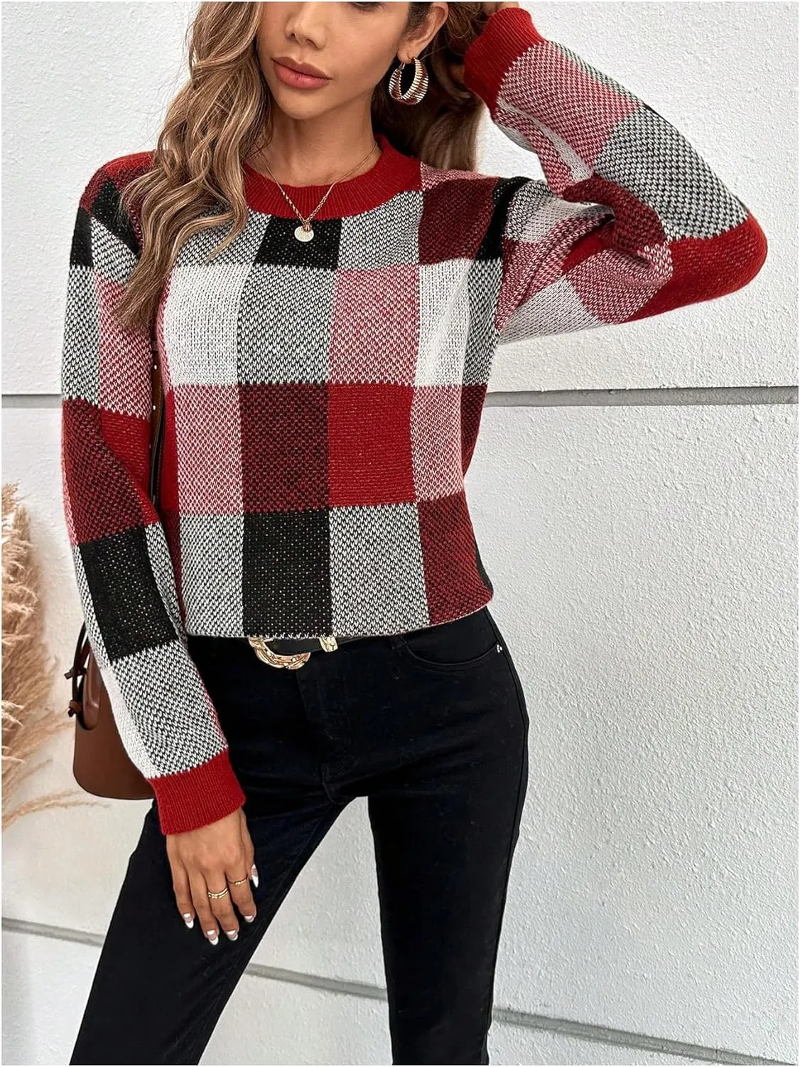 GORGLITTER Women's Argyle Checkered Sweater Plaid Long Sleeve Fall Knit Sweater Pullover Tops