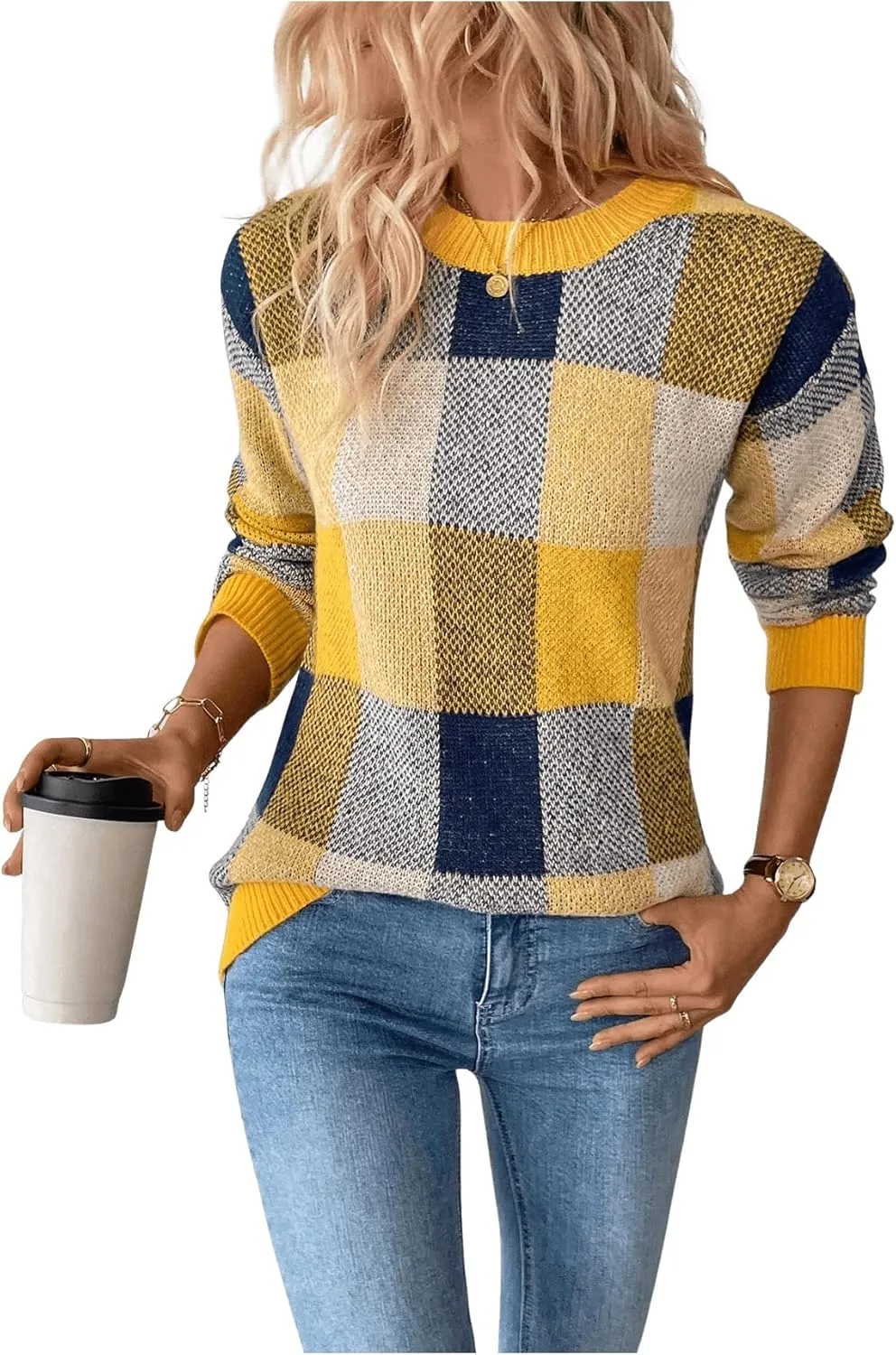 GORGLITTER Women's Argyle Checkered Sweater Plaid Long Sleeve Fall Knit Sweater Pullover Tops