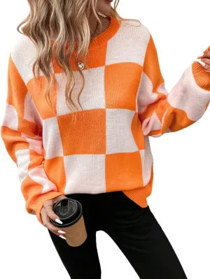 GORGLITTER Women's Argyle Checkered Sweater Plaid Long Sleeve Fall Knit Sweater Pullover Tops