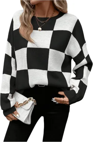 GORGLITTER Women's Argyle Checkered Sweater Plaid Long Sleeve Fall Knit Sweater Pullover Tops