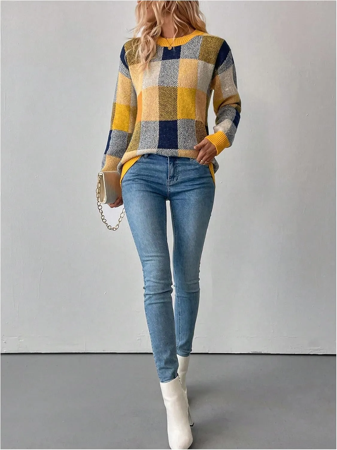 GORGLITTER Women's Argyle Checkered Sweater Plaid Long Sleeve Fall Knit Sweater Pullover Tops