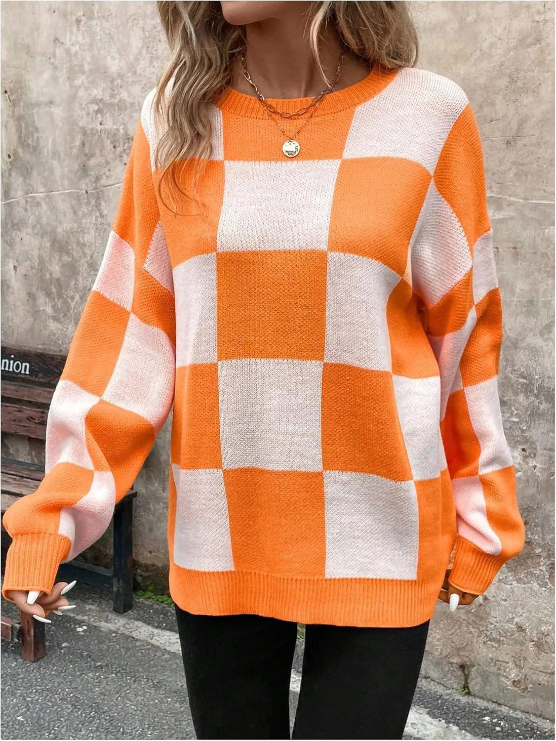 GORGLITTER Women's Argyle Checkered Sweater Plaid Long Sleeve Fall Knit Sweater Pullover Tops