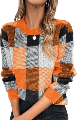GORGLITTER Women's Argyle Checkered Sweater Plaid Long Sleeve Fall Knit Sweater Pullover Tops