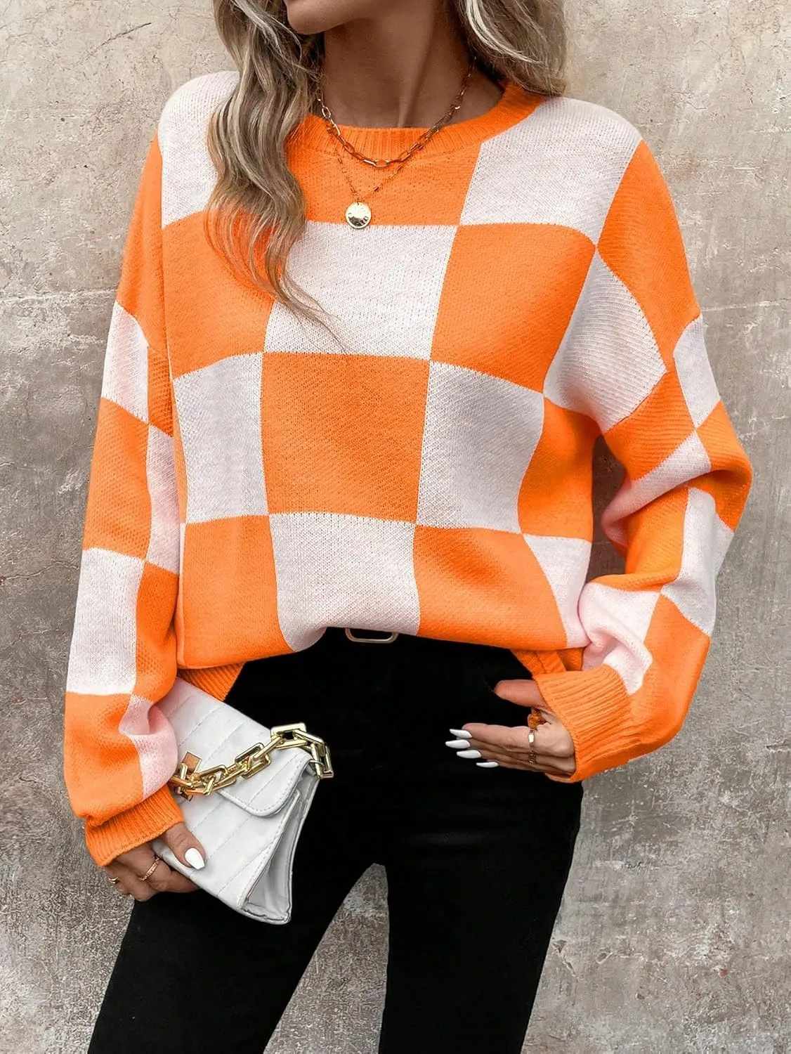 GORGLITTER Women's Argyle Checkered Sweater Plaid Long Sleeve Fall Knit Sweater Pullover Tops