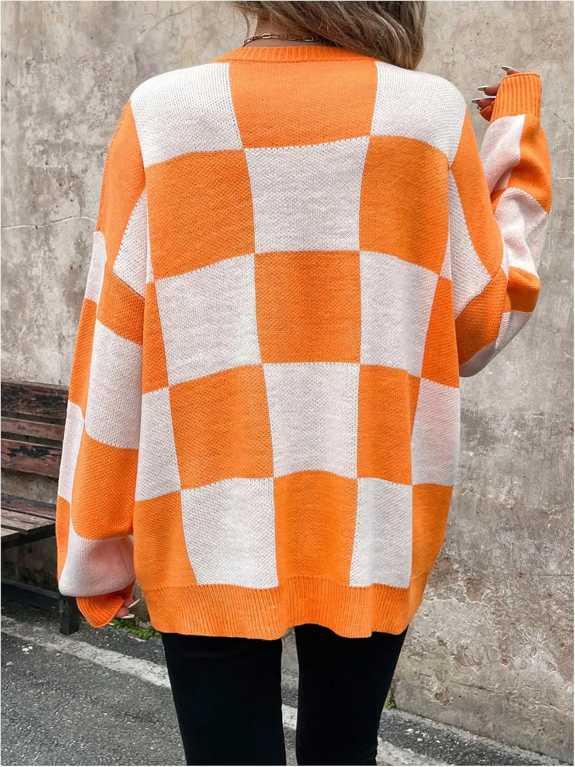 GORGLITTER Women's Argyle Checkered Sweater Plaid Long Sleeve Fall Knit Sweater Pullover Tops