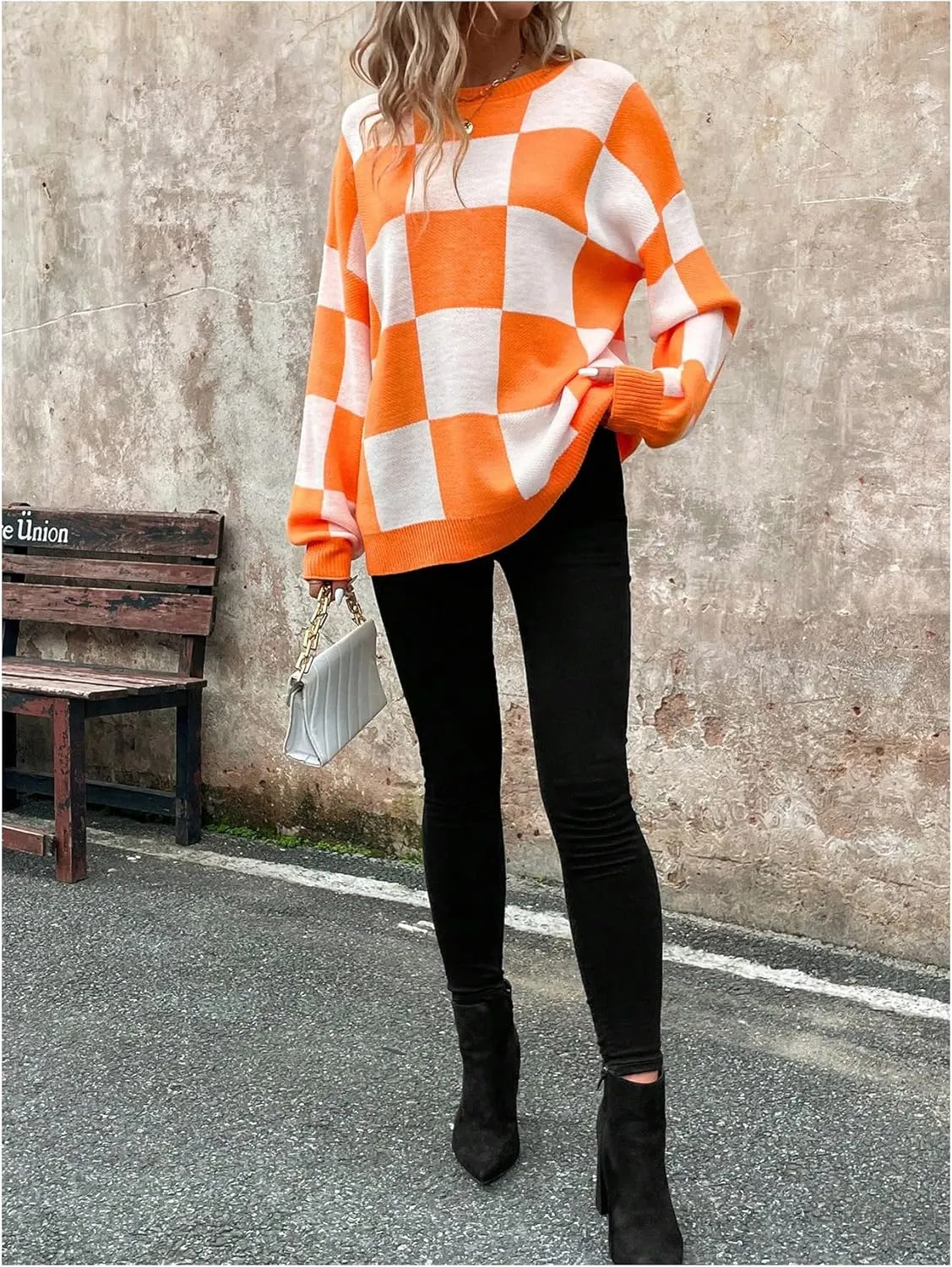GORGLITTER Women's Argyle Checkered Sweater Plaid Long Sleeve Fall Knit Sweater Pullover Tops