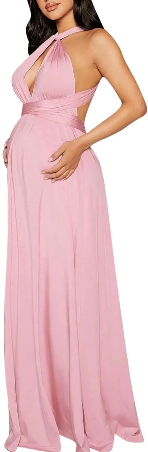 HGps8w Open Back Pregnant Dress Sexy Strappy Halter Neck Maternity Gown Baby Shower Photography Maxi Dress