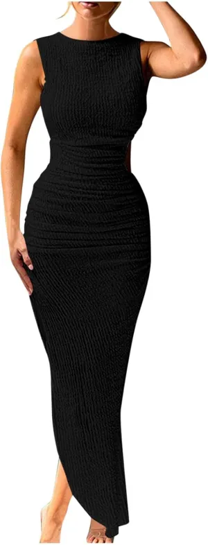 HGps8w Women's Elegant Open Back Bodycon Maxi Dresses - Trendy Casual Ruched Sleeveless Irregular Hem Wedding Guests Dress