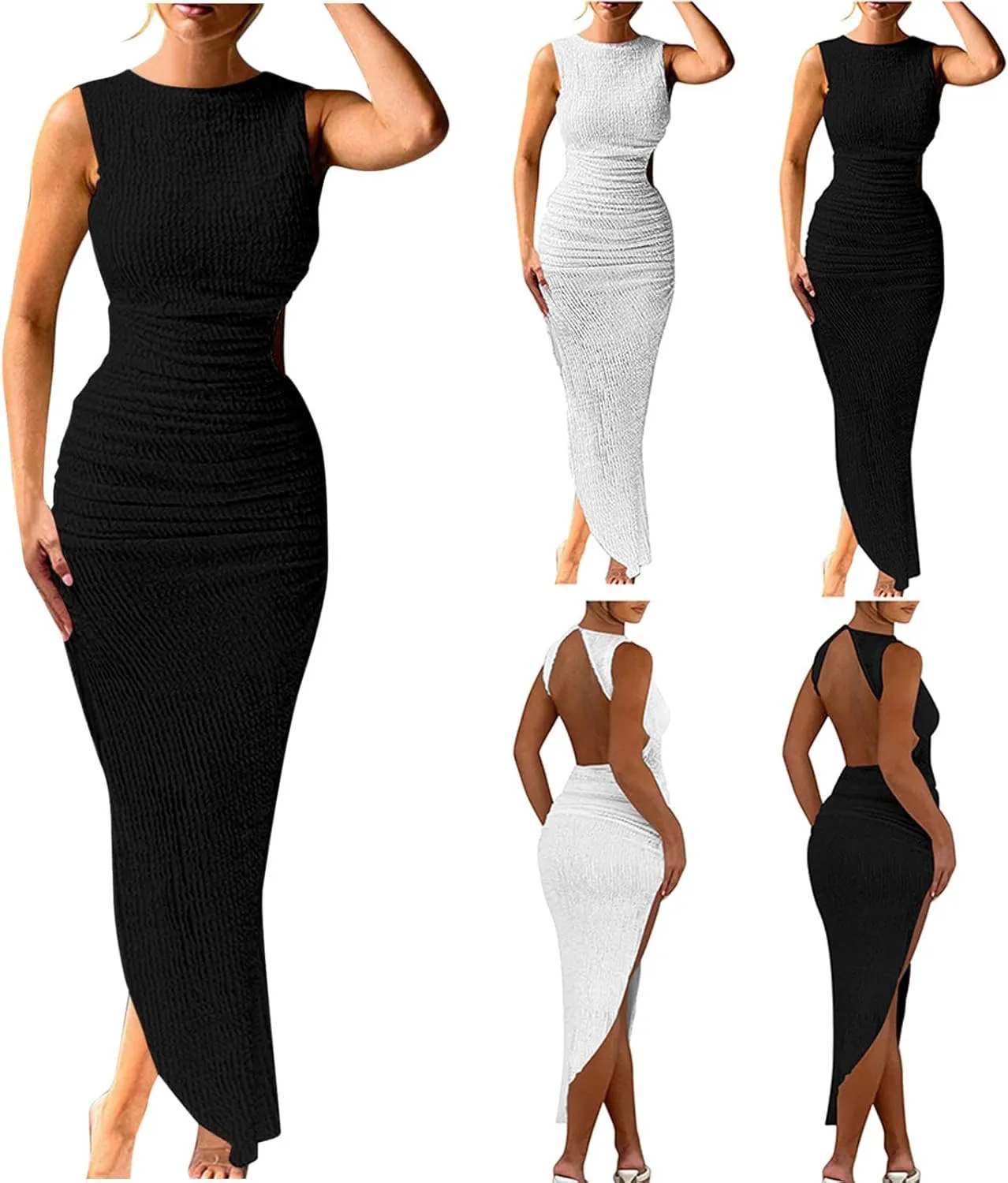 HGps8w Women's Elegant Open Back Bodycon Maxi Dresses - Trendy Casual Ruched Sleeveless Irregular Hem Wedding Guests Dress