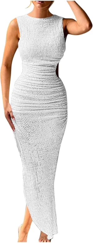 HGps8w Women's Elegant Open Back Bodycon Maxi Dresses - Trendy Casual Ruched Sleeveless Irregular Hem Wedding Guests Dress