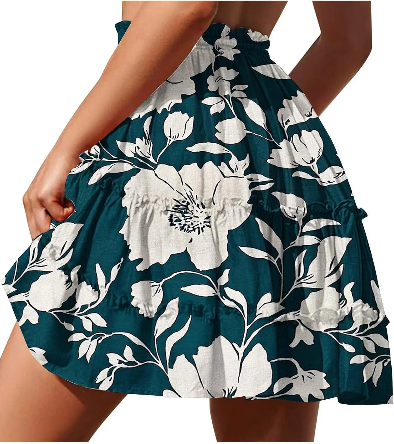 High Waist Floral Mini Skirts for Women Boho Style Beach Short Skirt Flower Print Hawaiian Pleated Half Dress