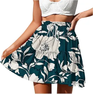 High Waist Floral Mini Skirts for Women Boho Style Beach Short Skirt Flower Print Hawaiian Pleated Half Dress