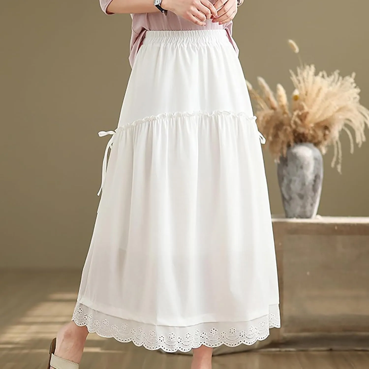 High Waist Tiered Skirts for Women Patchwork Lace Trim Swing Dress 2025 Trendy Vacation Flowy Long Skirts with Pockets