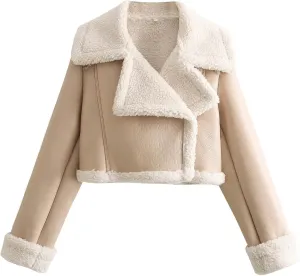 hlysgo Women Winter Jacket Faux Leather Thicken Fleece Lined Motorcycle Jacket Shearling Fluffy Coat Cropped Bomber Jacket