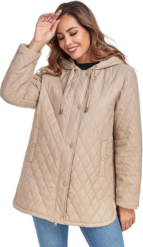 HOTIAN Quilted Jacket for Women Long Puffer Coat Lightweight Hooded Winter Padded Down Jacket Outerwear Coats