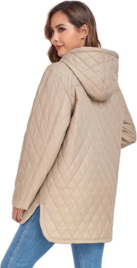 HOTIAN Quilted Jacket for Women Long Puffer Coat Lightweight Hooded Winter Padded Down Jacket Outerwear Coats