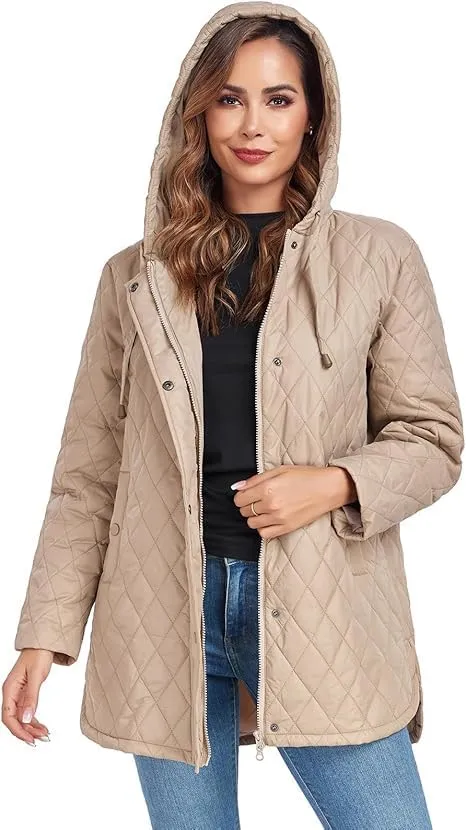 HOTIAN Quilted Jacket for Women Long Puffer Coat Lightweight Hooded Winter Padded Down Jacket Outerwear Coats