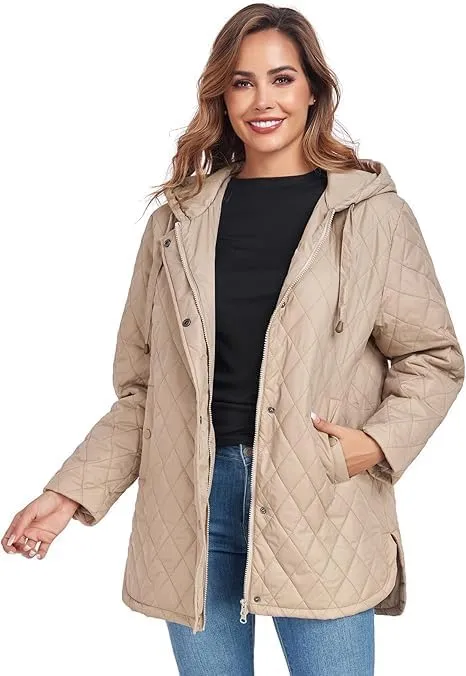 HOTIAN Quilted Jacket for Women Long Puffer Coat Lightweight Hooded Winter Padded Down Jacket Outerwear Coats
