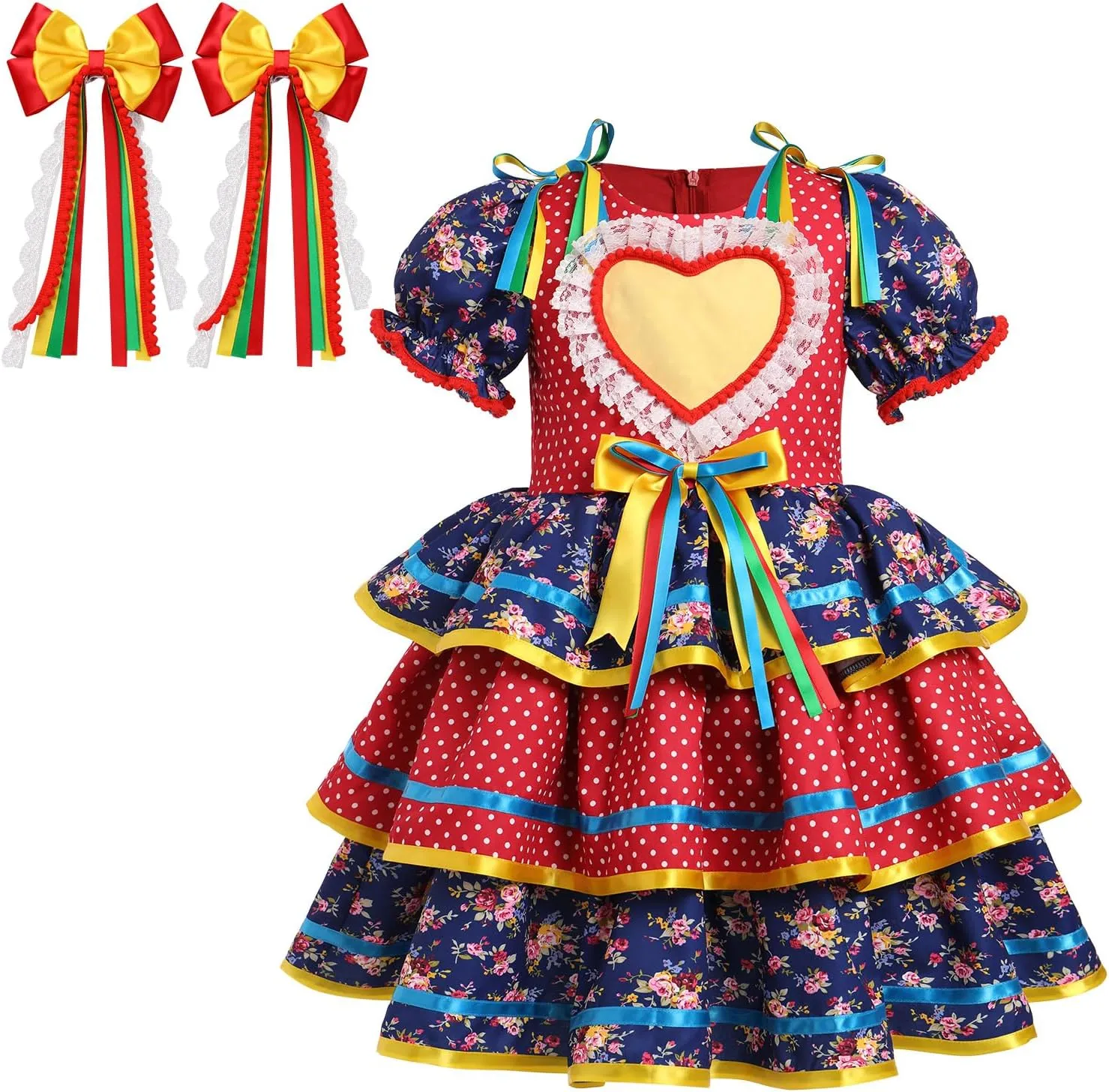 IBTOM CASTLE Toddler Girls Festa Junina Dress Floral Short Puff Sleeve Ruffle Tiered Dress Bowknot Headband Carnival Costume