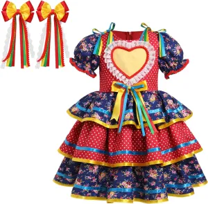 IBTOM CASTLE Toddler Girls Festa Junina Dress Floral Short Puff Sleeve Ruffle Tiered Dress Bowknot Headband Carnival Costume