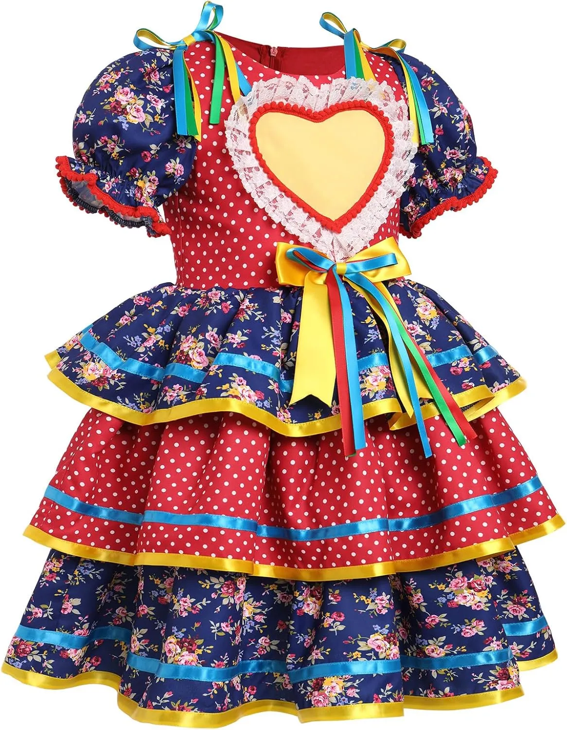 IBTOM CASTLE Toddler Girls Festa Junina Dress Floral Short Puff Sleeve Ruffle Tiered Dress Bowknot Headband Carnival Costume
