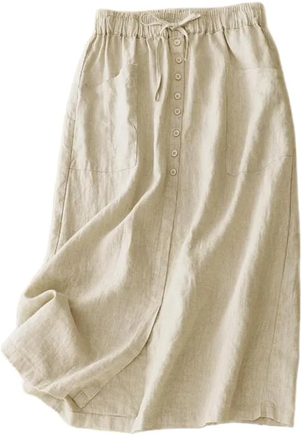 IDEALSANXUN Linen Skirts for Women Summer A Line Flowy Casual Drawstring High Waist Button Down Midi Skirts with Slit