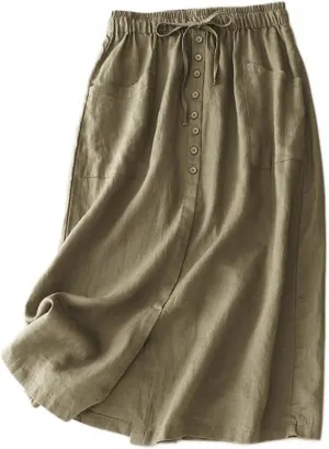 IDEALSANXUN Linen Skirts for Women Summer A Line Flowy Casual Drawstring High Waist Button Down Midi Skirts with Slit