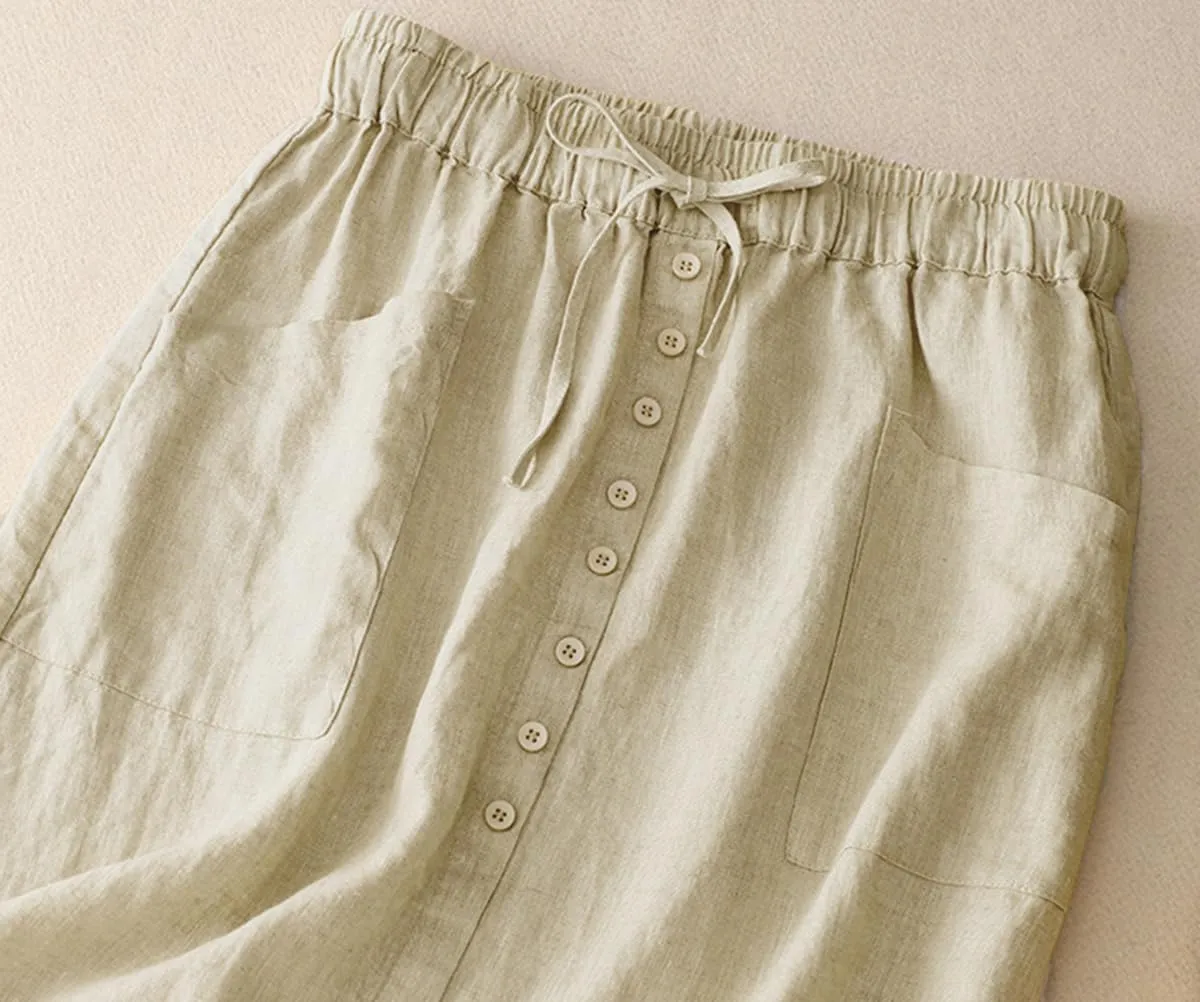 IDEALSANXUN Linen Skirts for Women Summer A Line Flowy Casual Drawstring High Waist Button Down Midi Skirts with Slit