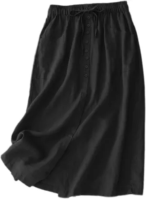IDEALSANXUN Linen Skirts for Women Summer A Line Flowy Casual Drawstring High Waist Button Down Midi Skirts with Slit