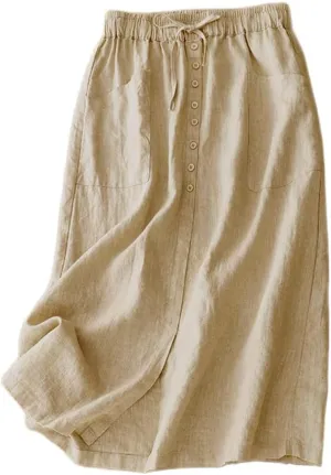 IDEALSANXUN Linen Skirts for Women Summer A Line Flowy Casual Drawstring High Waist Button Down Midi Skirts with Slit
