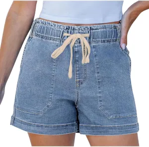 Jean Shorts for Women High Waisted Pull On Drawstring Elastic Waist Trendy Stretchy Denim Short Summer Shorts 2025