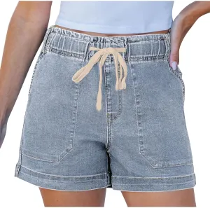 Jean Shorts for Women High Waisted Pull On Drawstring Elastic Waist Trendy Stretchy Denim Short Summer Shorts 2025