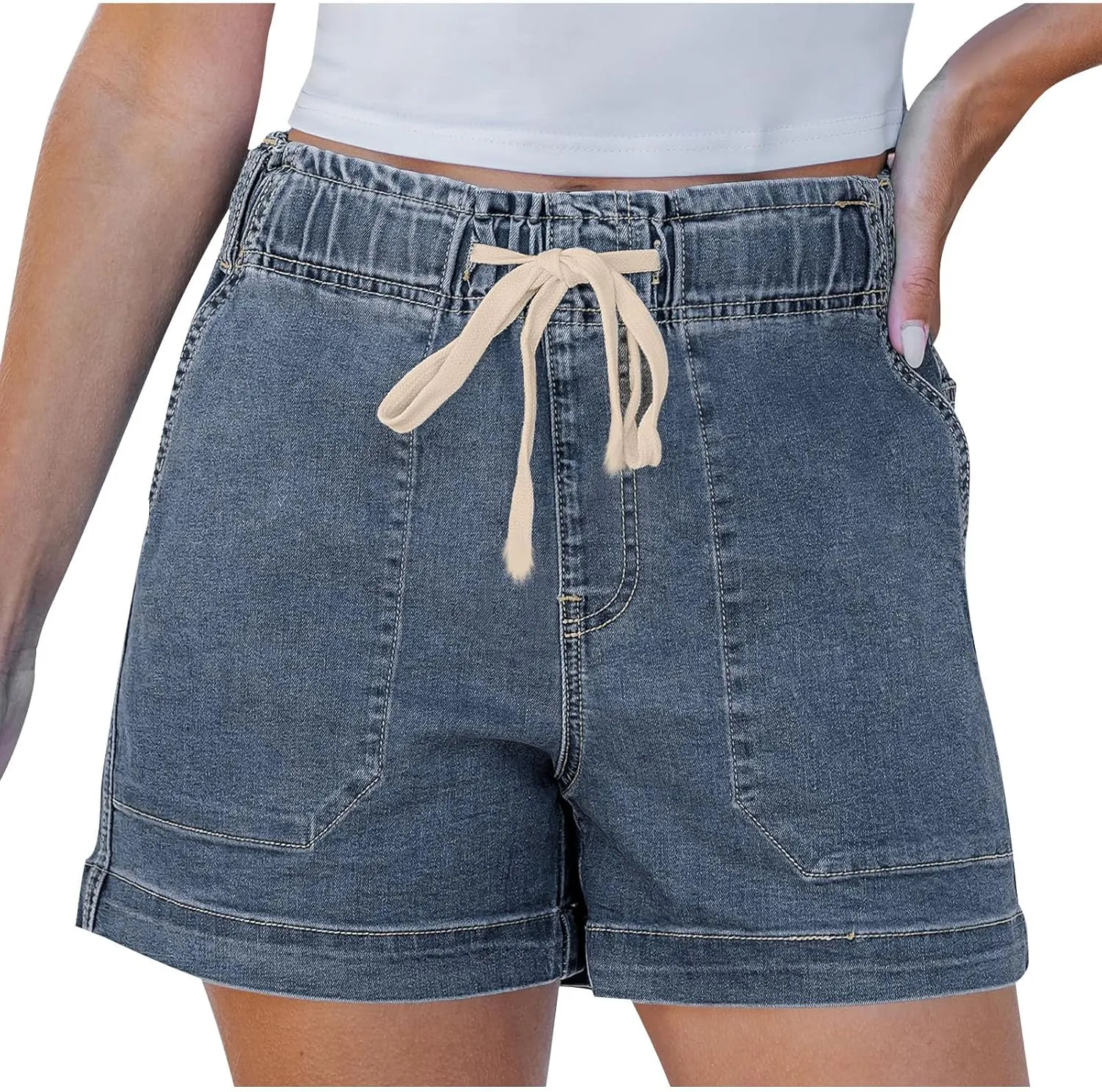Jean Shorts for Women High Waisted Pull On Drawstring Elastic Waist Trendy Stretchy Denim Short Summer Shorts 2025