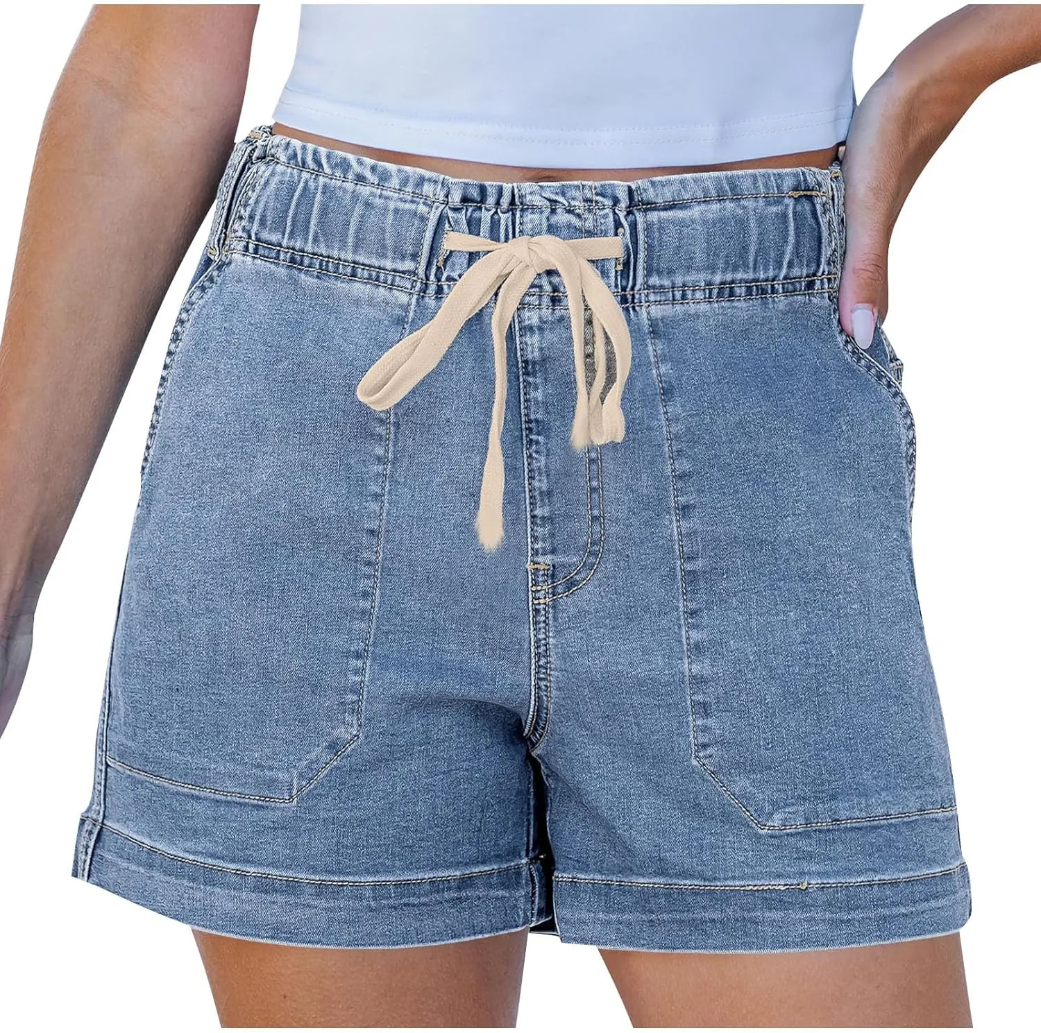 Jean Shorts for Women High Waisted Pull On Drawstring Elastic Waist Trendy Stretchy Denim Short Summer Shorts 2025