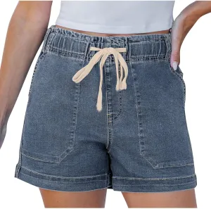 Jean Shorts for Women High Waisted Pull On Drawstring Elastic Waist Trendy Stretchy Denim Short Summer Shorts 2025