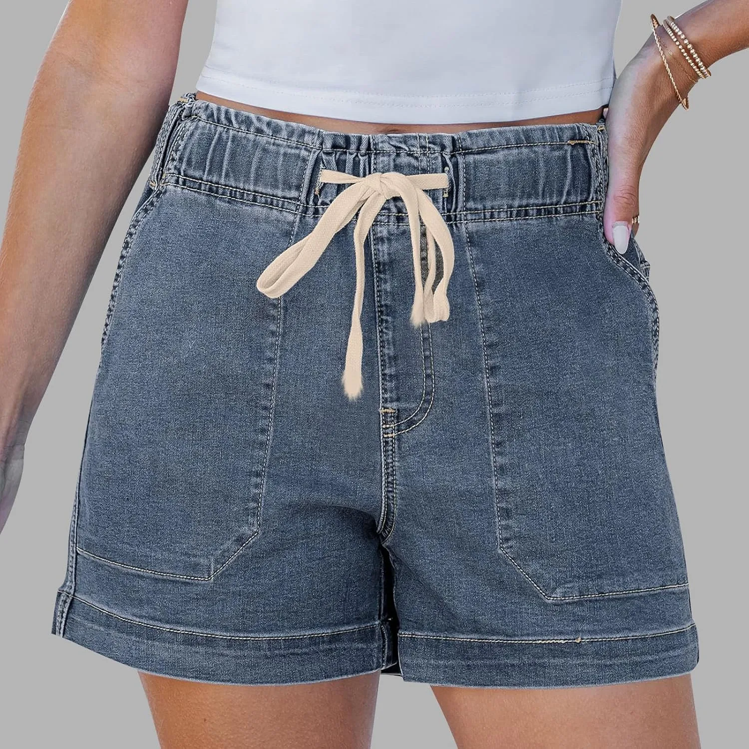 Jean Shorts for Women High Waisted Pull On Drawstring Elastic Waist Trendy Stretchy Denim Short Summer Shorts 2025