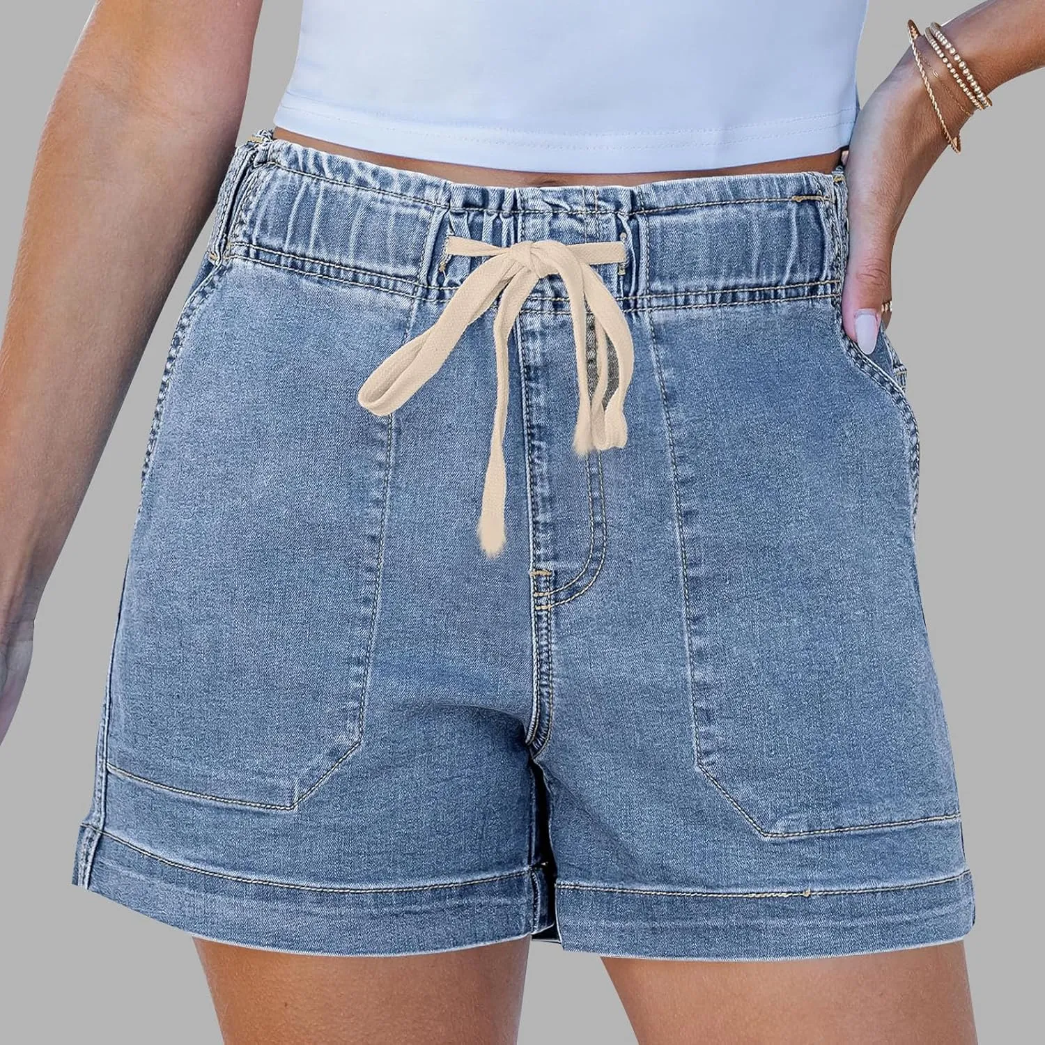 Jean Shorts for Women High Waisted Pull On Drawstring Elastic Waist Trendy Stretchy Denim Short Summer Shorts 2025