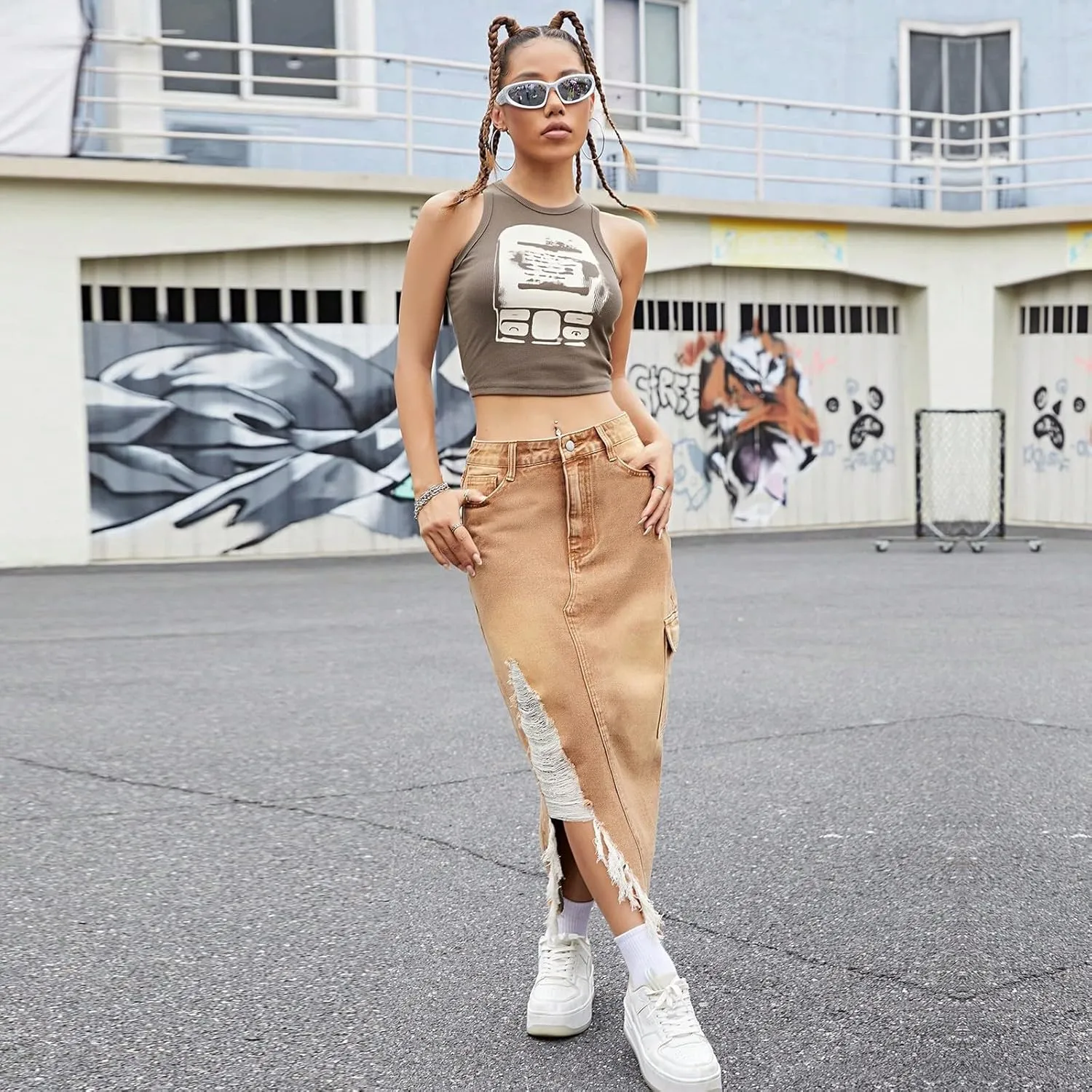 Jean Skirts for Women Denim High Waisted Denim Midi Skirt with Slit Raw Hem Y2K Distressed Asymmetrical Long Jean Skirt