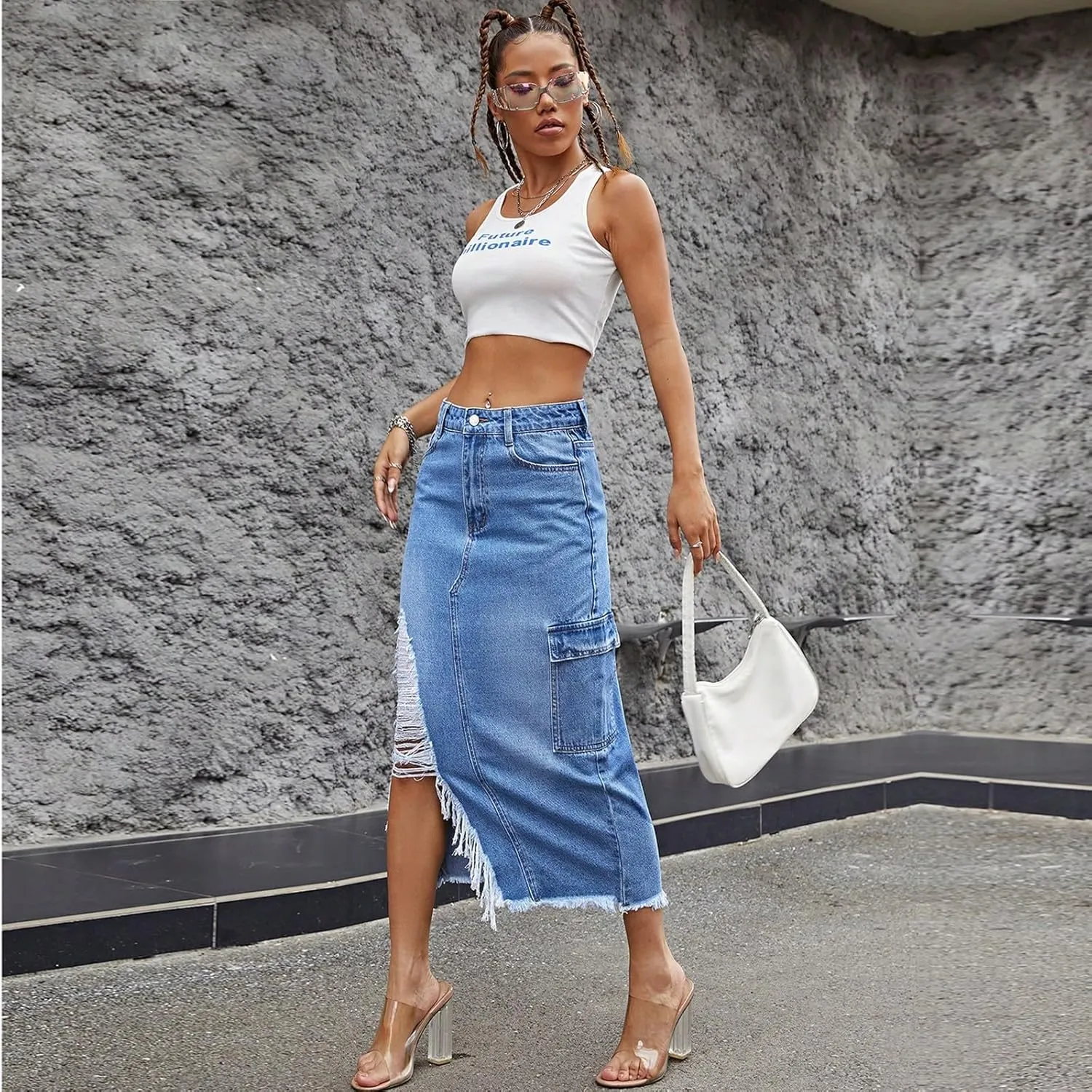 Jean Skirts for Women Denim High Waisted Denim Midi Skirt with Slit Raw Hem Y2K Distressed Asymmetrical Long Jean Skirt