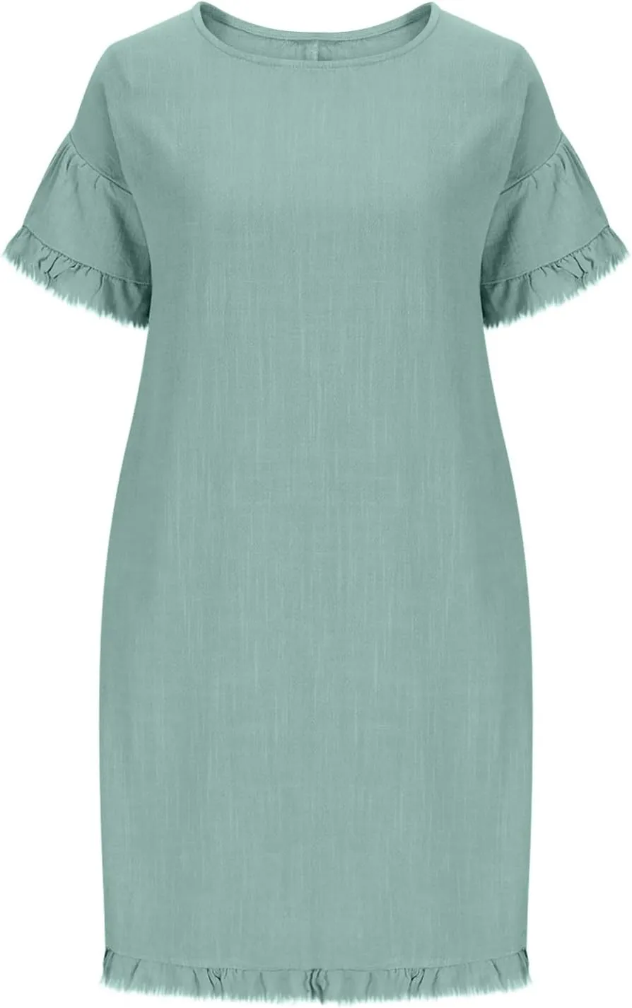 JOAU Cotton Linen Dress for Women Short Sleeve Crewneck Casual Mini Dresses Solid Color Frayed Trim Shift Dress with Pockets