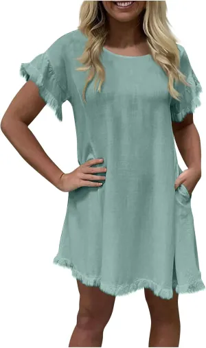 JOAU Cotton Linen Dress for Women Short Sleeve Crewneck Casual Mini Dresses Solid Color Frayed Trim Shift Dress with Pockets