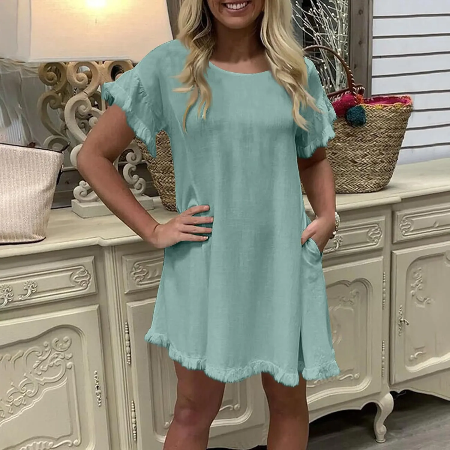 JOAU Cotton Linen Dress for Women Short Sleeve Crewneck Casual Mini Dresses Solid Color Frayed Trim Shift Dress with Pockets