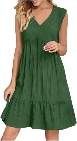 JOAU Summer Dresses for Women 2025 Casual Boho V Neck Sundresses Sleeveless Pleated Tiered Ruffle Beach Vacation Tank Dress